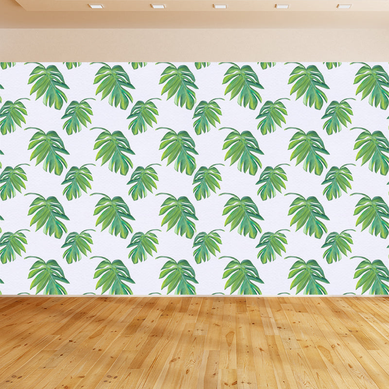 Tropical Leaves Pattern Wall Mural Non-Woven Textured Stain-Proof Soft Color Wall Art for Bedroom