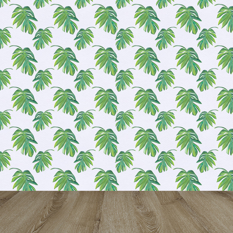 Tropical Leaves Pattern Wall Mural Non-Woven Textured Stain-Proof Soft Color Wall Art for Bedroom