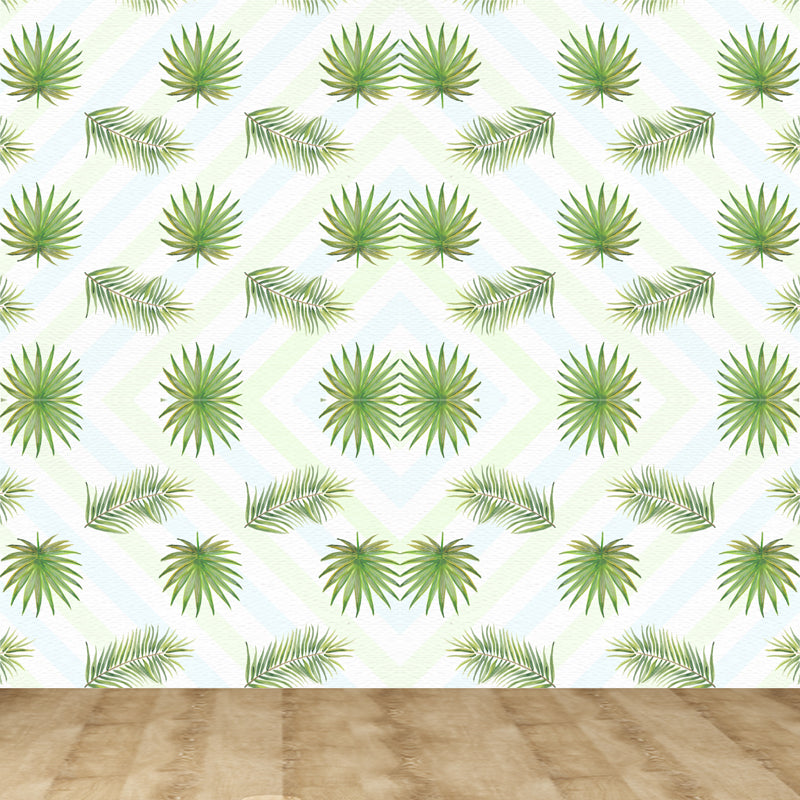 Tropical Leaves Pattern Wall Mural Non-Woven Textured Stain-Proof Soft Color Wall Art for Bedroom