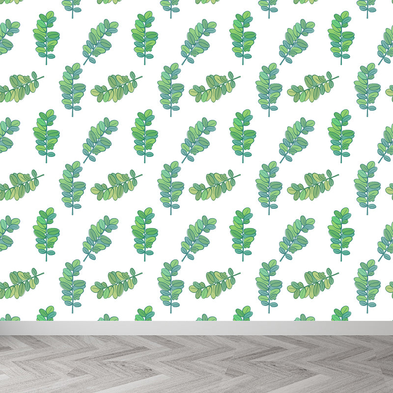 Tropical Leaves Pattern Wall Mural Non-Woven Textured Stain-Proof Soft Color Wall Art for Bedroom