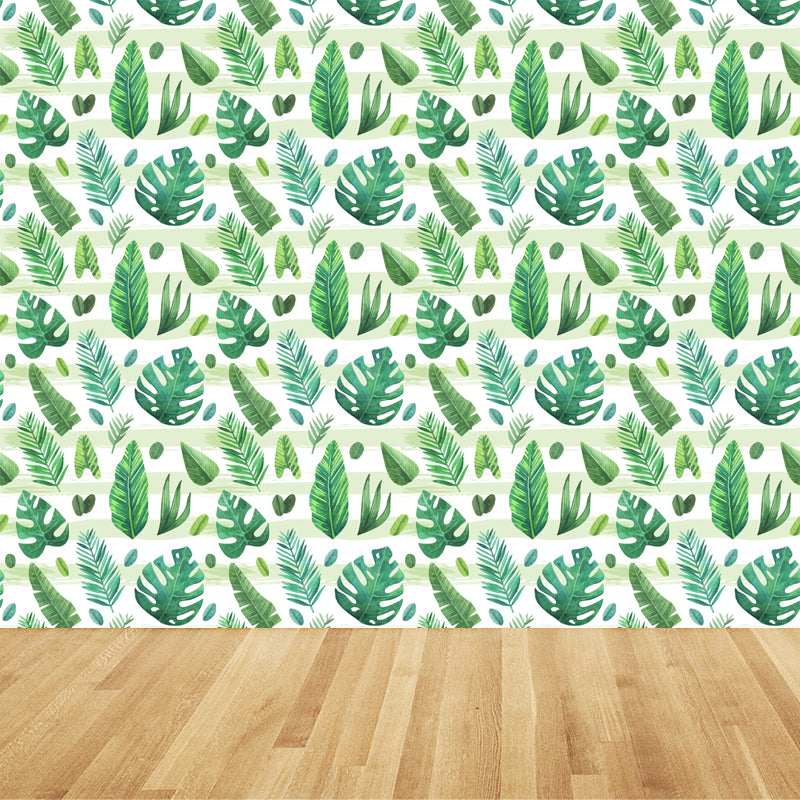 Tropical Leaves Pattern Wall Mural Non-Woven Textured Stain-Proof Soft Color Wall Art for Bedroom