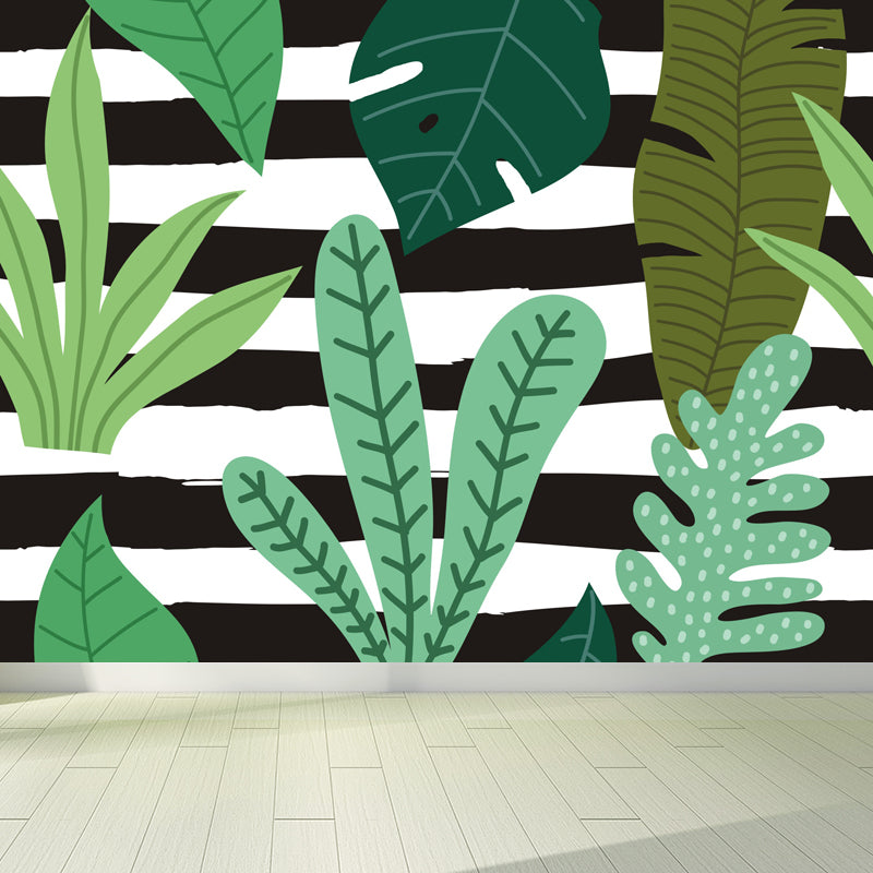 Botanical Print Mural Decal Tropical Non-Woven Textured Wall Covering in Soft Color