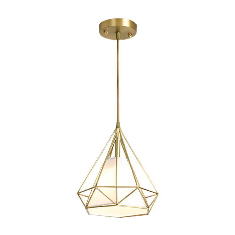 Messing diamant kooi hanglampverlichting eenvoud 1 hoofd metalen plafond suspensielampje met binnenste vlasstoffen schaduw