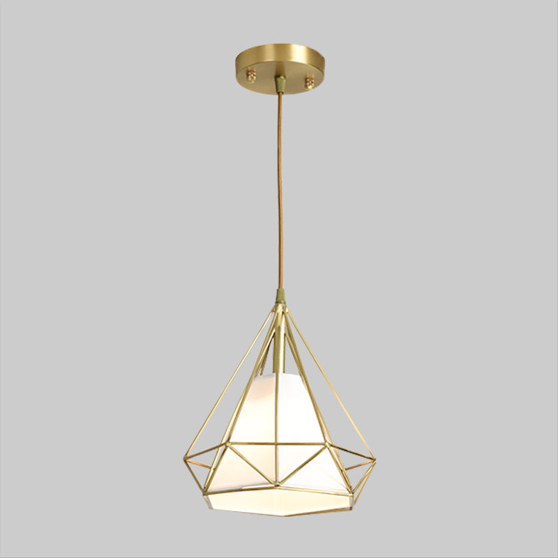 Messing diamant kooi hanglampverlichting eenvoud 1 hoofd metalen plafond suspensielampje met binnenste vlasstoffen schaduw