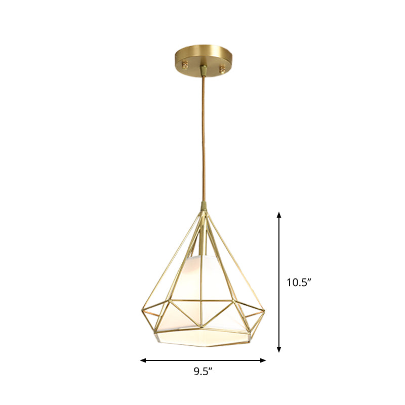 Messing diamant kooi hanglampverlichting eenvoud 1 hoofd metalen plafond suspensielampje met binnenste vlasstoffen schaduw
