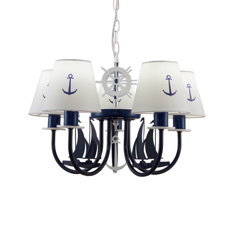 Metallic Arched Arm Pendant Ceiling Light Kids 5/6 Bulbs Blue Hanging Chandelier with Tapered White Fabric Shade