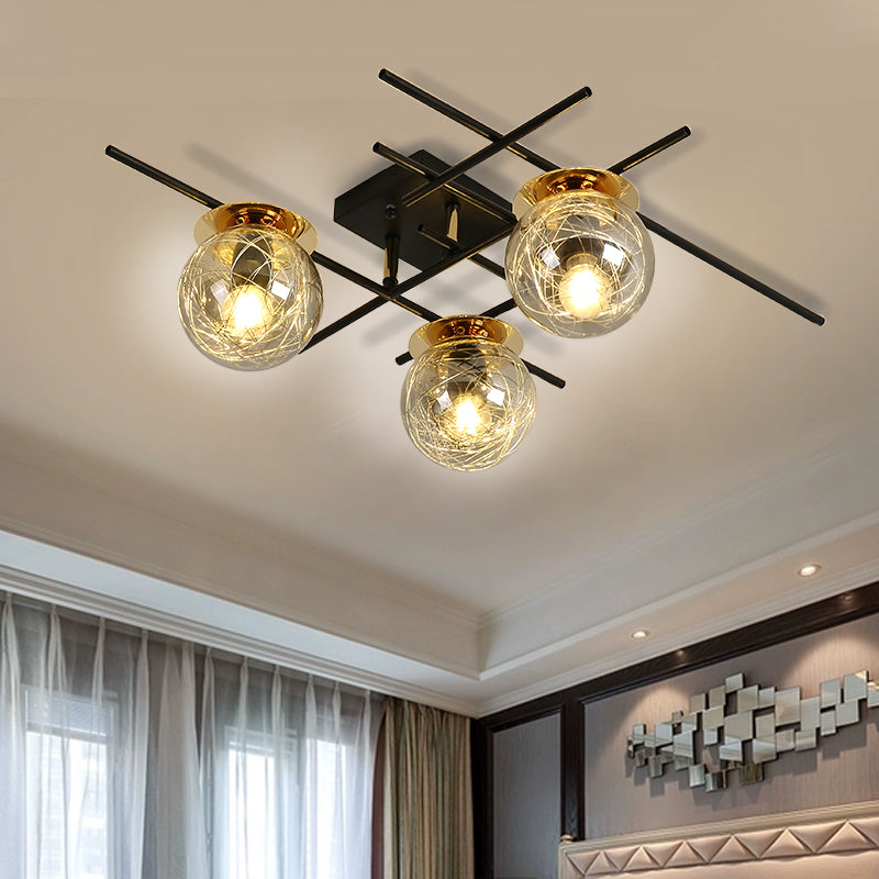 Minimal 3 Heads Semi Flush Light with Clear/Smoke Gray Glass Shade Black Ball Close to Ceiling Lamp for Bedchamber