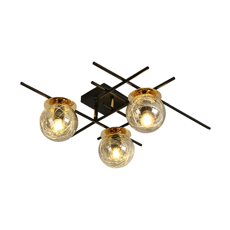 Minimal 3 Heads Semi Flush Light with Clear/Smoke Gray Glass Shade Black Ball Close to Ceiling Lamp for Bedchamber