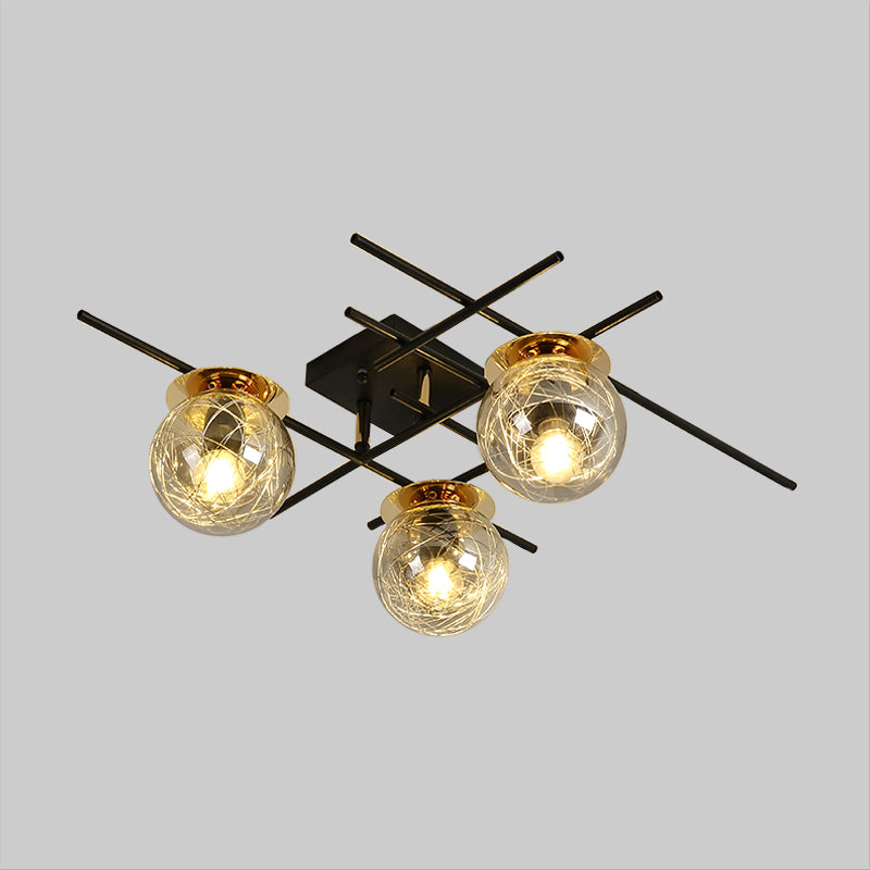 Minimal 3 Heads Semi Flush Light with Clear/Smoke Gray Glass Shade Black Ball Close to Ceiling Lamp for Bedchamber