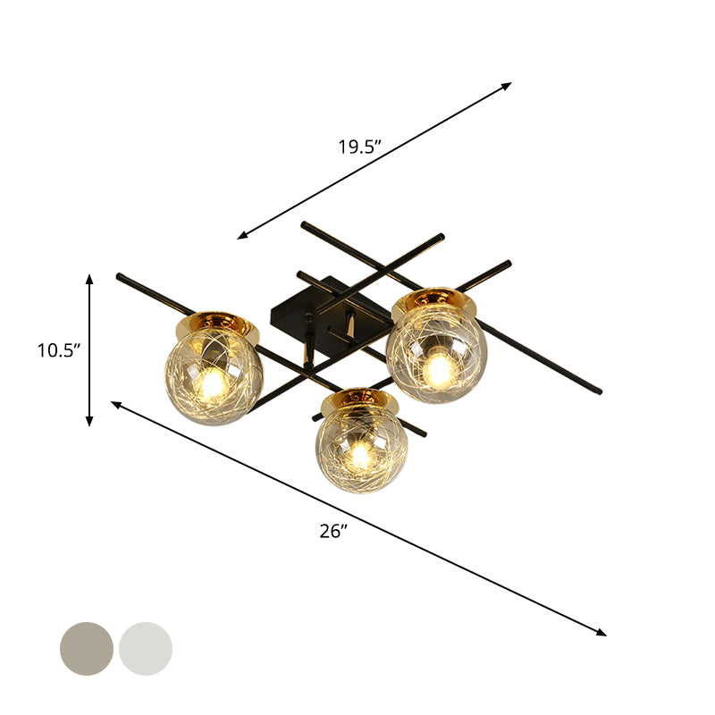 Minimal 3 Heads Semi Flush Light with Clear/Smoke Gray Glass Shade Black Ball Close to Ceiling Lamp for Bedchamber