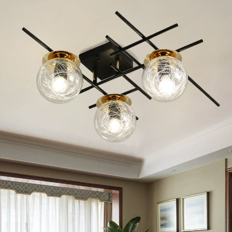 Minimal 3 Heads Semi Flush Light with Clear/Smoke Gray Glass Shade Black Ball Close to Ceiling Lamp for Bedchamber