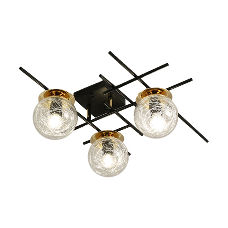 Minimal 3 Heads Semi Flush Light with Clear/Smoke Gray Glass Shade Black Ball Close to Ceiling Lamp for Bedchamber