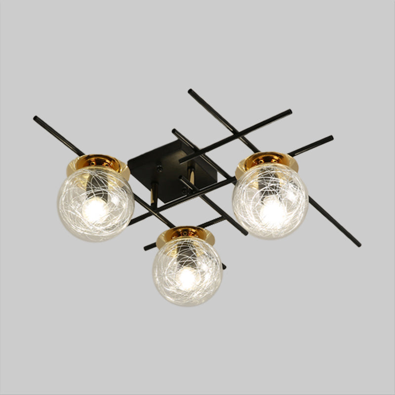 Minimal 3 Heads Semi Flush Light with Clear/Smoke Gray Glass Shade Black Ball Close to Ceiling Lamp for Bedchamber