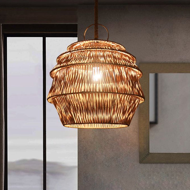 Beige/Coffee Jar-Like Down Lighting Rustic 1-Light Bamboo Ceiling Suspension Lamp for Dining Room
