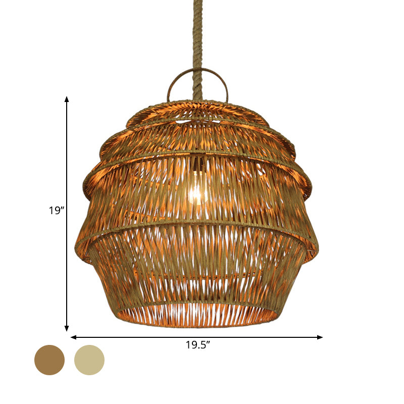 Beige/Coffee Jar-Like Down Lighting Rustic 1-Light Bamboo Ceiling Suspension Lamp for Dining Room