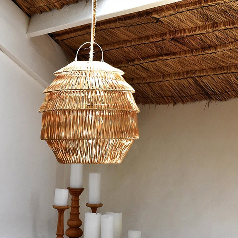 Beige/Coffee Jar-Like Down Lighting Rustic 1-Light Bamboo Ceiling Suspension Lamp for Dining Room