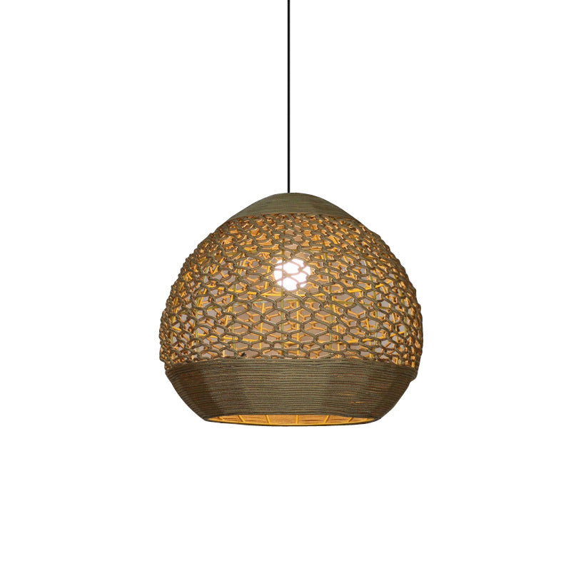 Globe Hanging Ceiling Light Asia Style Rope 1 Head Dining Room Pendant Lamp with Hollow-Out Design in Flaxen