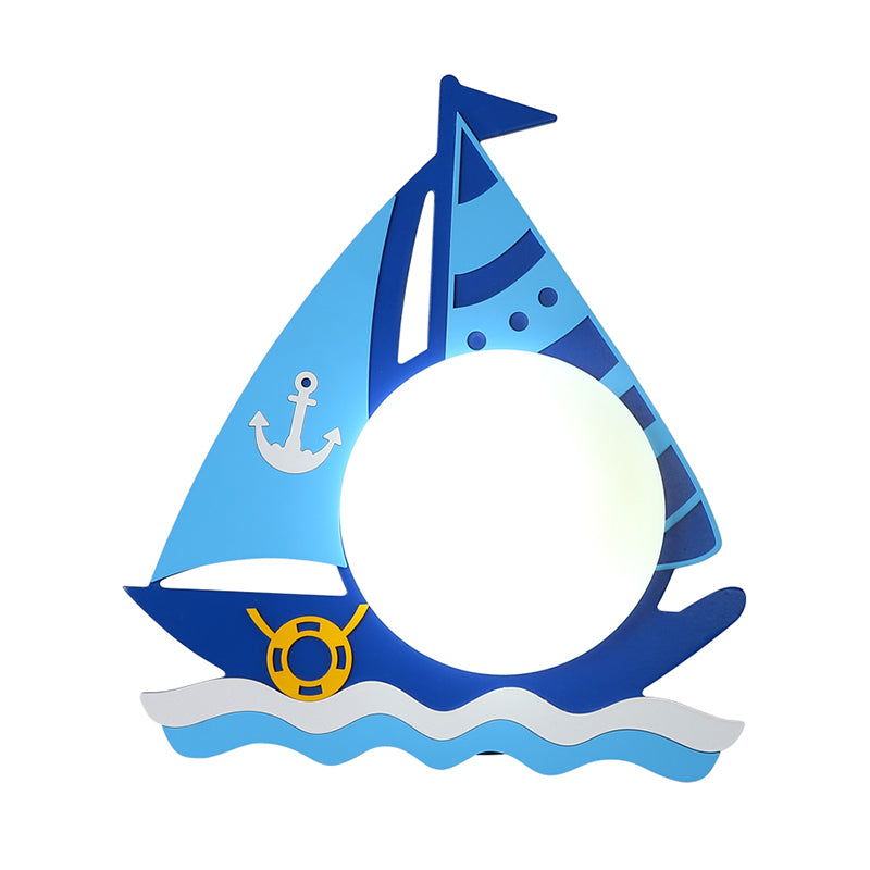 Timber Sailboat Wall Sconce Kids Single Head Blue Wall Light Fixture with Circular Glass Shade