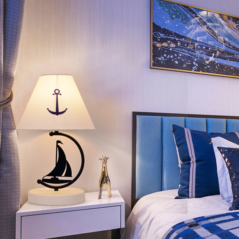 1 Head Bedchamber Table Light Kids White Nightstand Lamp with Wide Flare Fabric Shade