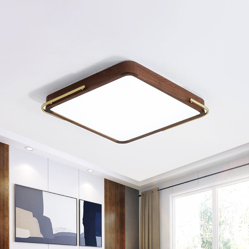 Plafonnier LED contemporain marron carré/rectangle avec abat-jour en bois, 13"/19"/27" de long