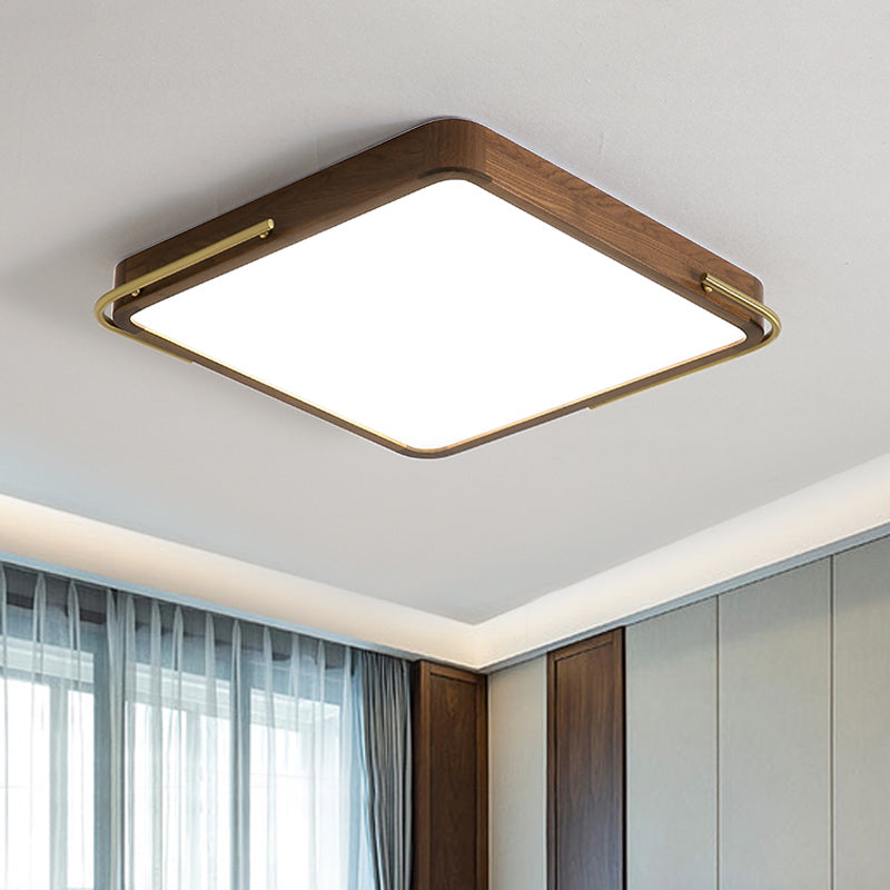 Plafonnier LED contemporain marron carré/rectangle avec abat-jour en bois, 13"/19"/27" de long