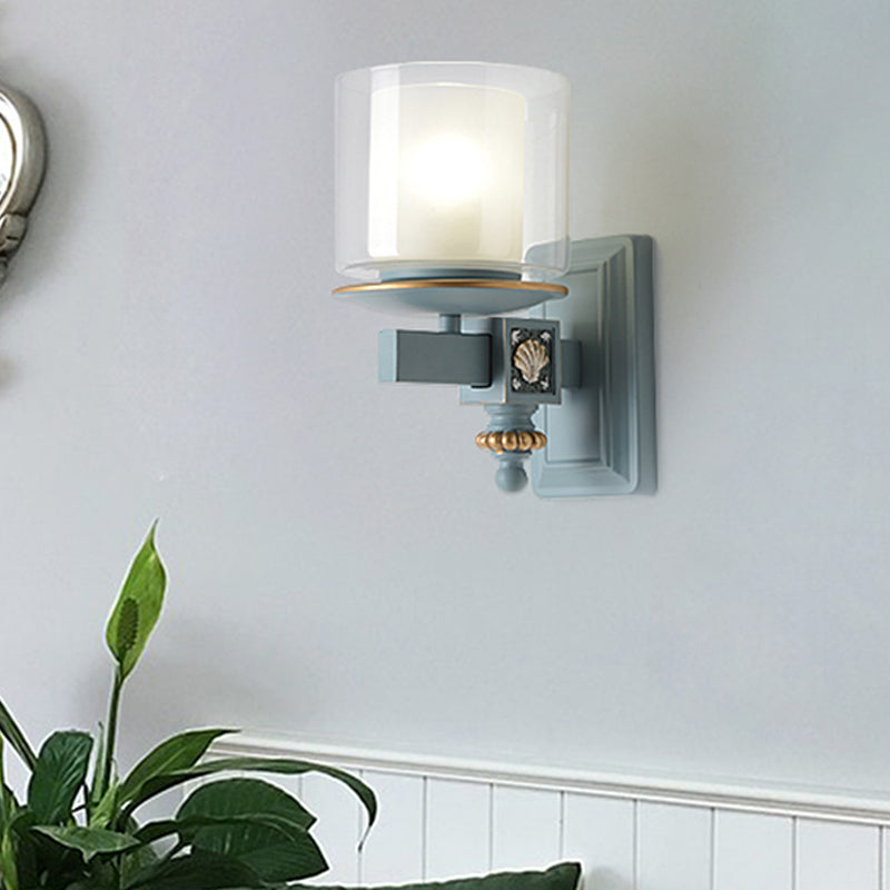 Dubbele kolom wandbevestiging lamp kustheldere en opaalglazen lucht/lichtblauwe wandverlichting met hars shell deco