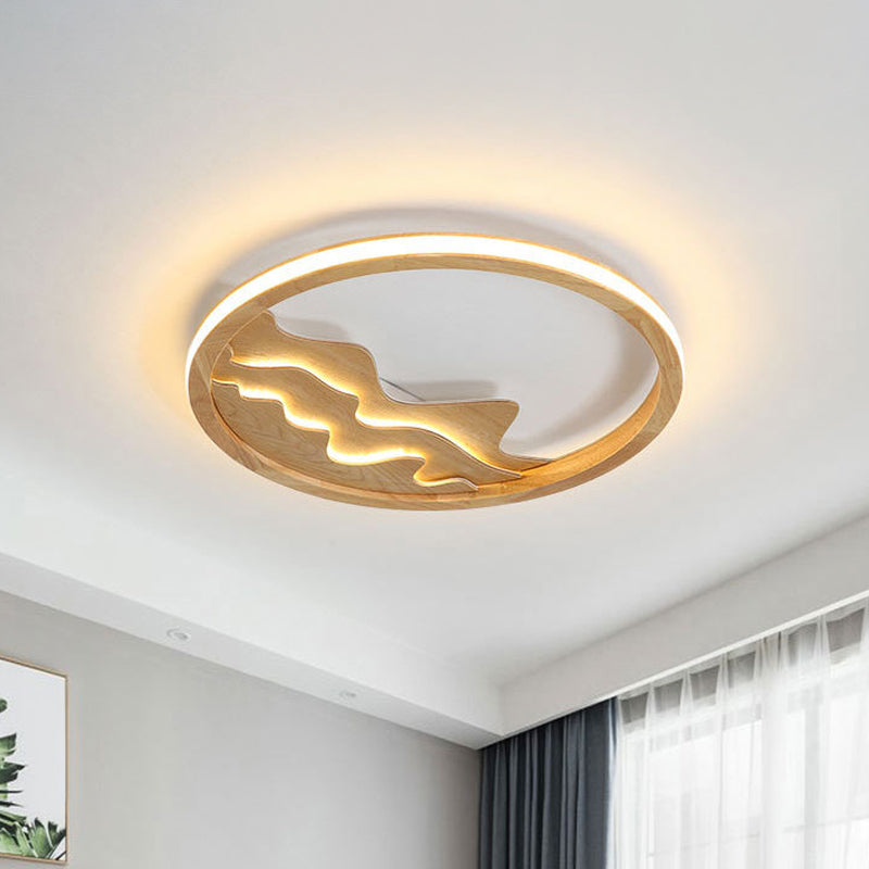 13"/17" W Circle Ceiling Light Fixture Simple Wood LED Beige Flush Mount Lamp with Landscape Design