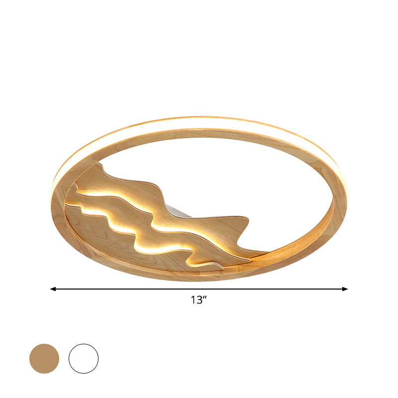 13"/17" W Circle Ceiling Light Fixture Simple Wood LED Beige Flush Mount Lamp with Landscape Design