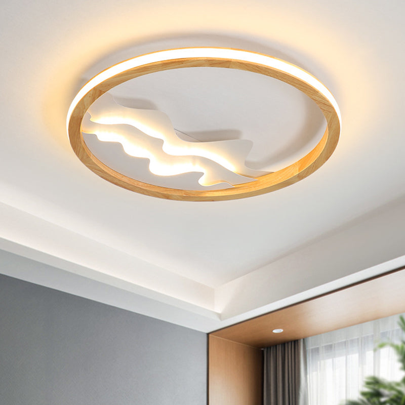 13"/17" W Circle Ceiling Light Fixture Simple Wood LED Beige Flush Mount Lamp with Landscape Design