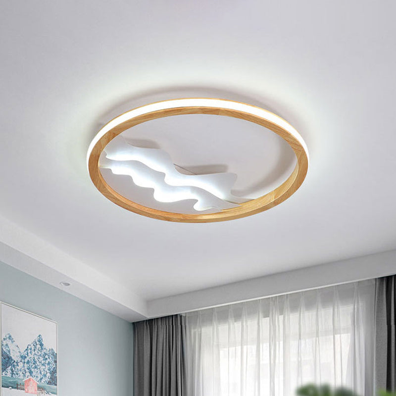 13"/17" W Circle Ceiling Light Fixture Simple Wood LED Beige Flush Mount Lamp with Landscape Design
