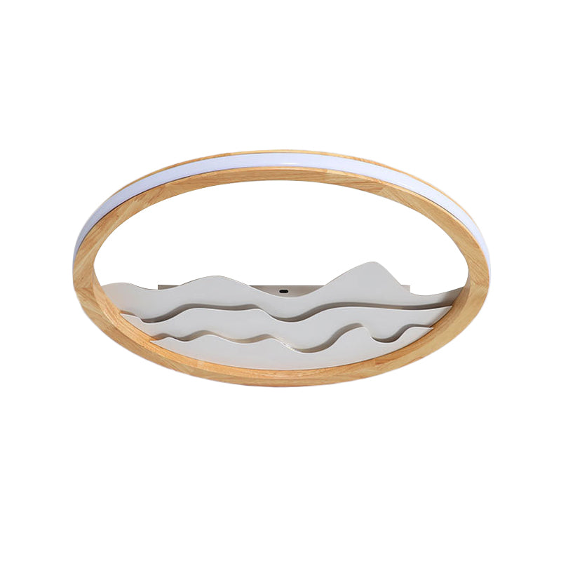 13"/17" W Circle Ceiling Light Fixture Simple Wood LED Beige Flush Mount Lamp with Landscape Design