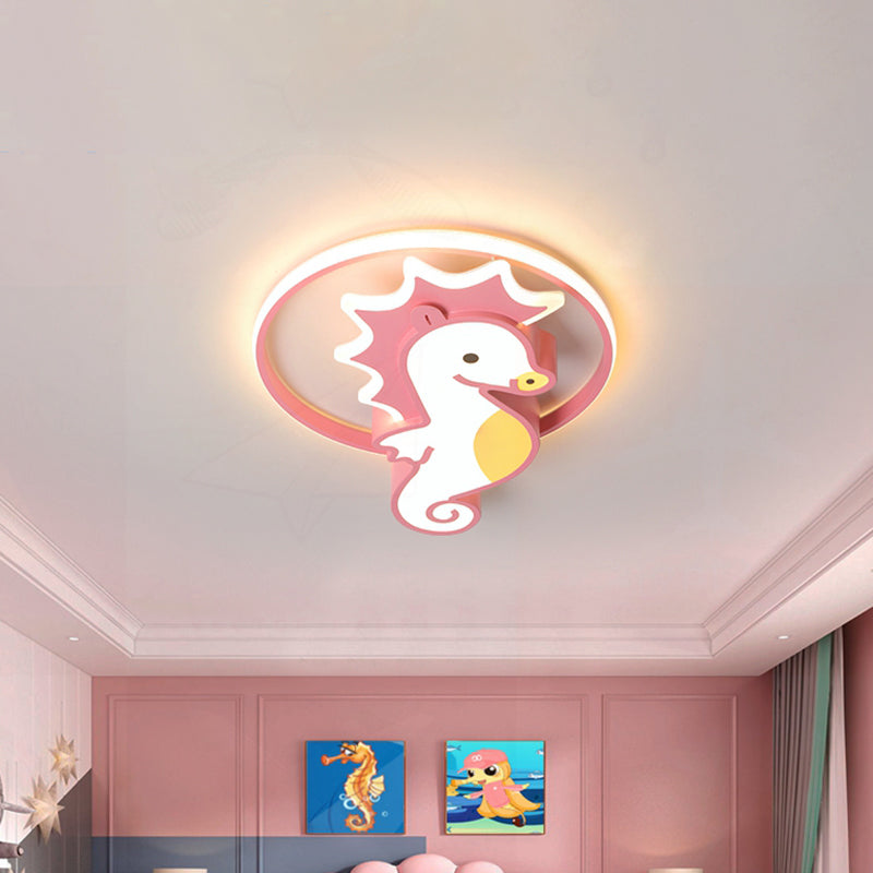 LED Nursery Flush Mount Light Cartoon Pink Ceiling Lighting with Sea Horse Metal Shade