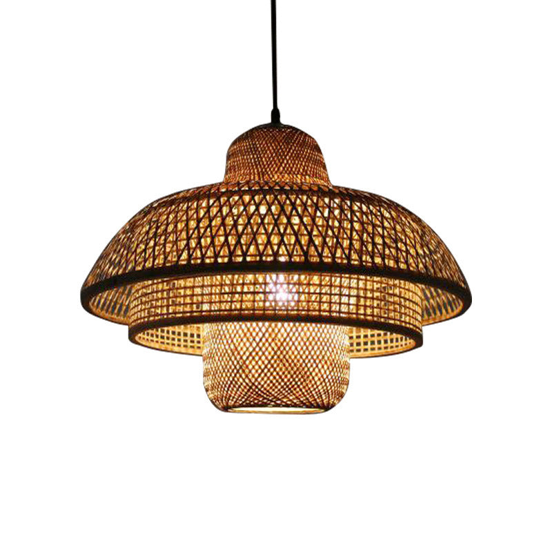 3-Tier Round Cage Pendant Lamp Fixture Asia Bamboo 1 Light Restaurant Suspension Lighting in Beige