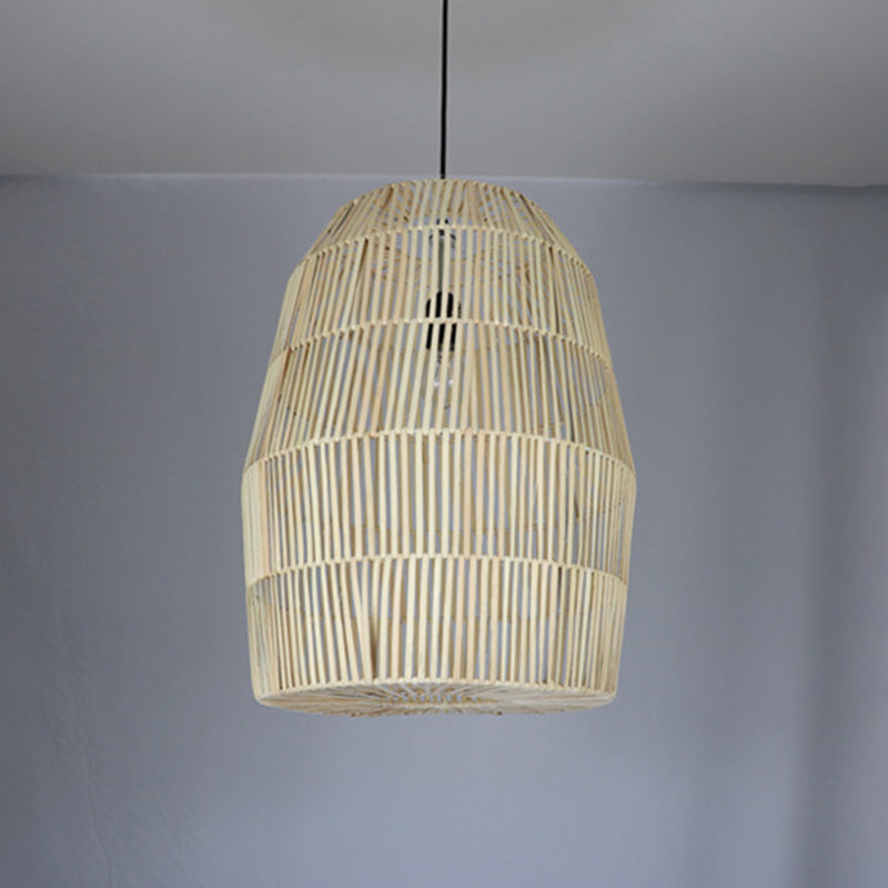 Rural Woven Lantern Pendulum Light Bamboo 1-Head Tea Room Hanging Lamp Kit in Beige