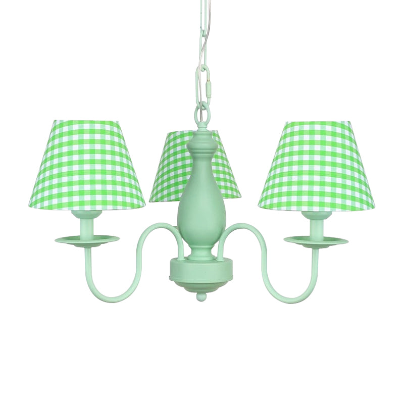 Green Plaid Shade Chandelier Three Bulbs Kids Modern Metal Hanging Light for Bedroom