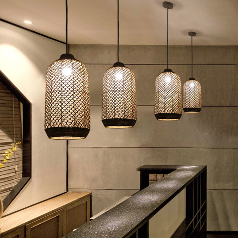 1 Light Dining Room Drop Pendant Chinese Style Beige Hanging Lamp Fixture with Woven Lantern Bamboo Shade