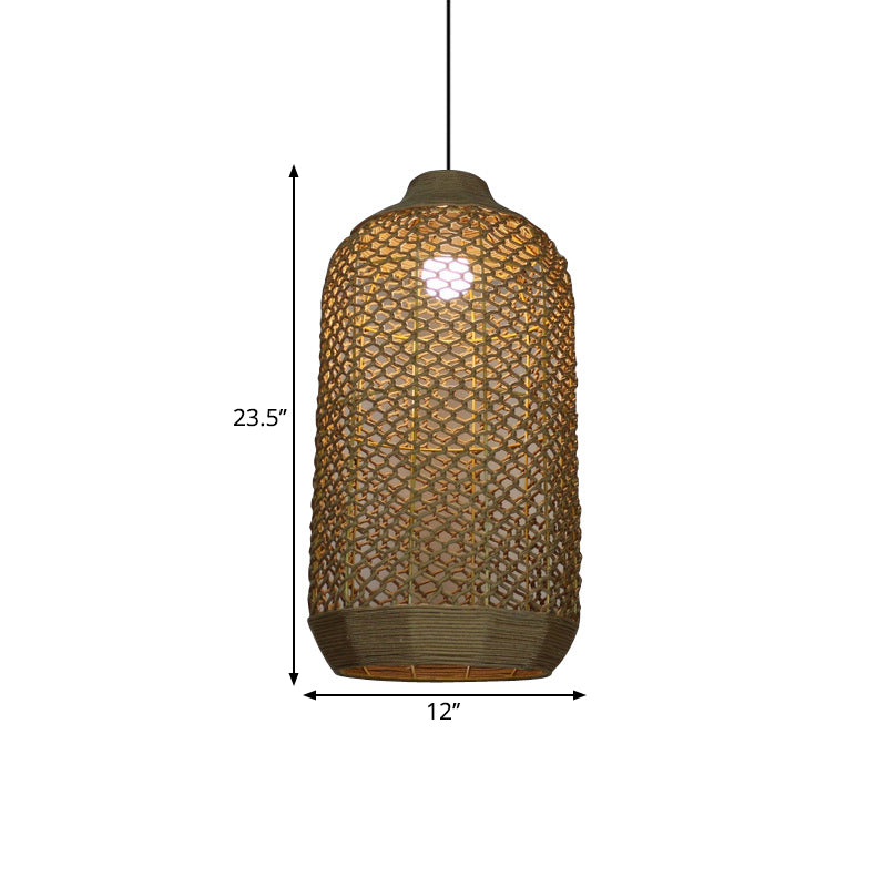 1 Light Dining Room Drop Pendant Chinese Style Beige Hanging Lamp Fixture with Woven Lantern Bamboo Shade