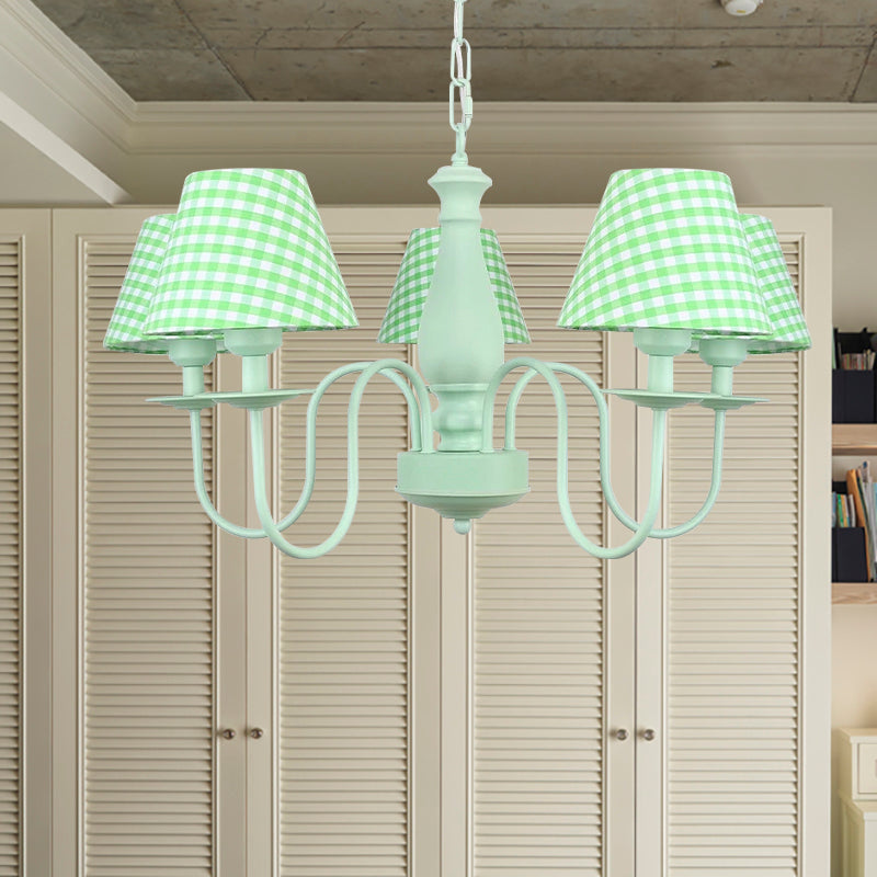 Macaron Loft Plaid Shade Chandelier Metal 4 Lights Green Hanging Light for Nursing Room