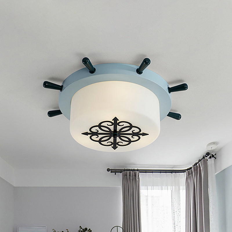 White Glass Drum Flush Ceiling Light Kids LED Flush Mount Fixture with Rudder Blue/Brown Canopy