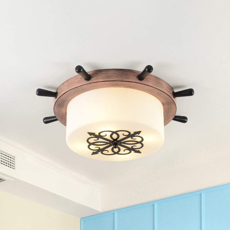 White Glass Drum Flush Ceiling Light Kids LED Flush Mount Fixture with Rudder Blue/Brown Canopy