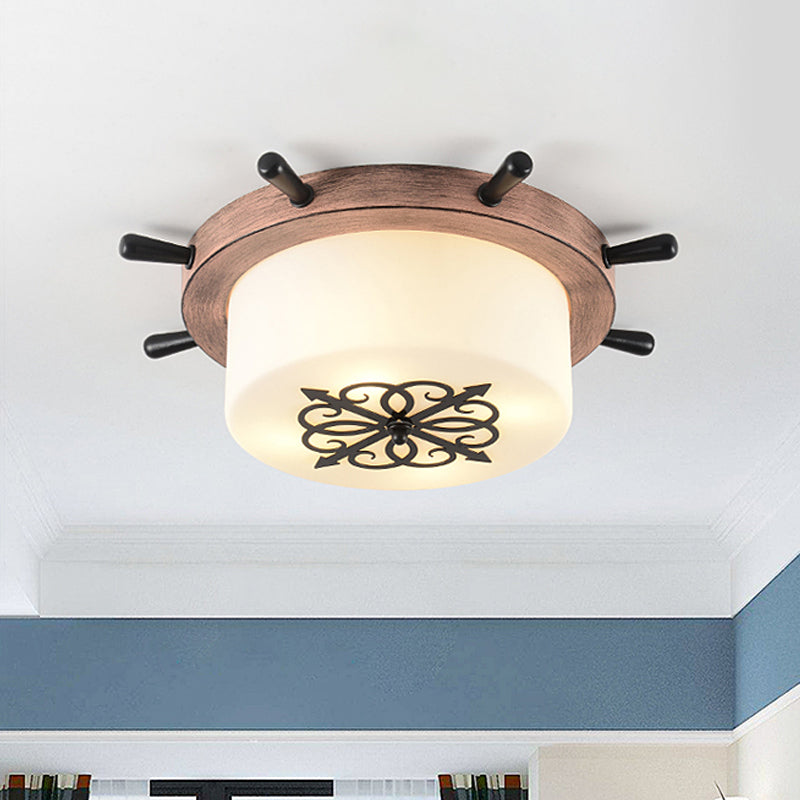 White Glass Drum Flush Ceiling Light Kids LED Flush Mount Fixture with Rudder Blue/Brown Canopy