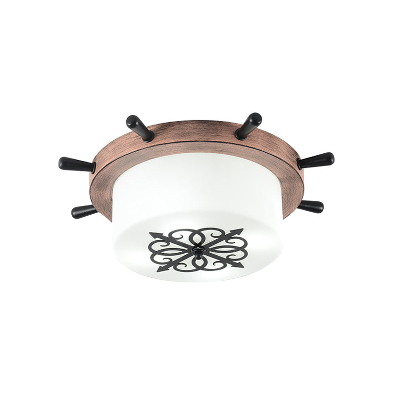 White Glass Drum Flush Ceiling Light Kids LED Flush Mount Fixture with Rudder Blue/Brown Canopy
