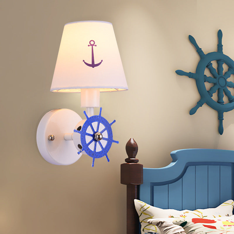 Fabric Tapered Shade Wall Light Sconce Kids Single Head White Wall Lighting with Rudder Decor