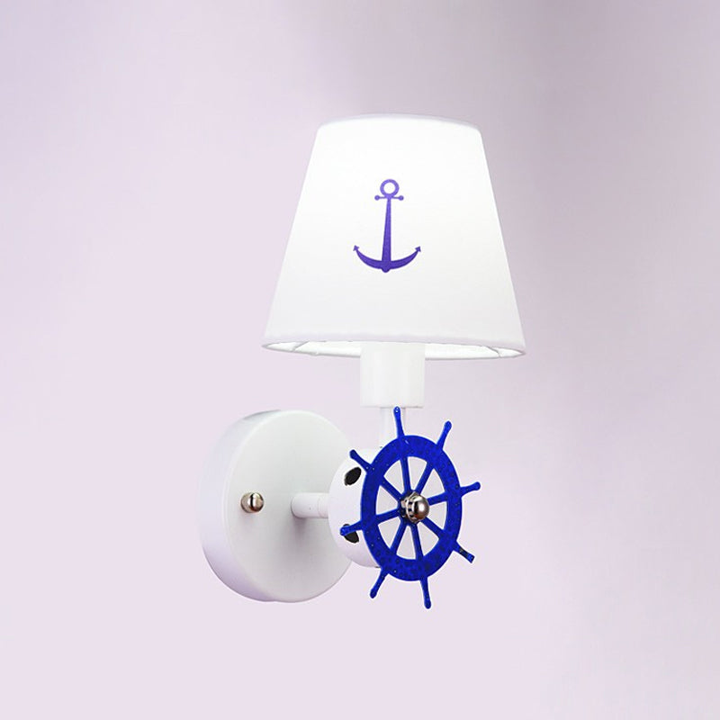 Fabric Tapered Shade Wall Light Sconce Kids Single Head White Wall Lighting with Rudder Decor