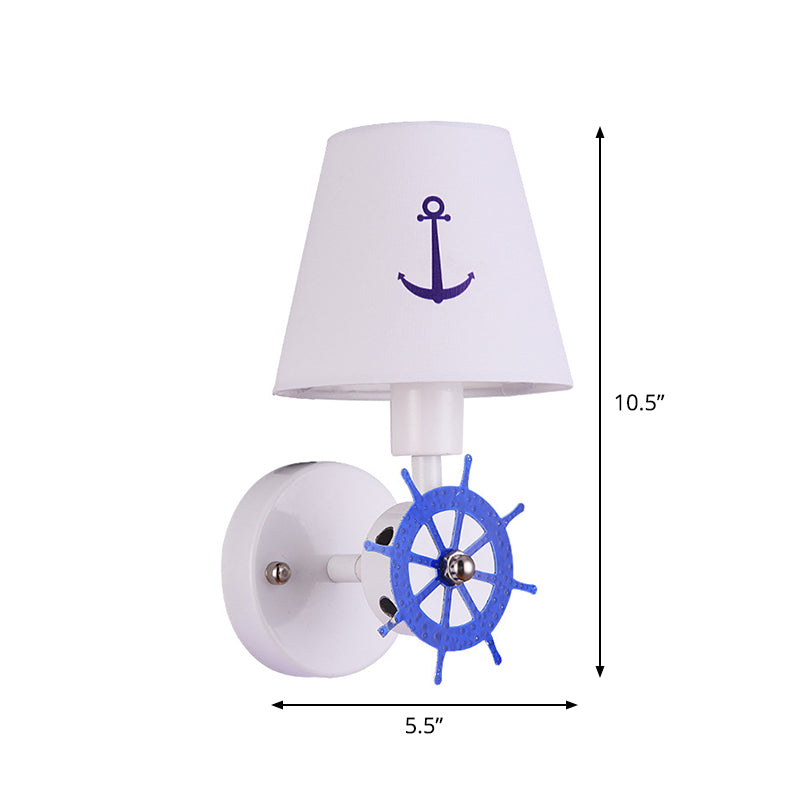 Fabric Tapered Shade Wall Light Sconce Kids Single Head White Wall Lighting with Rudder Decor