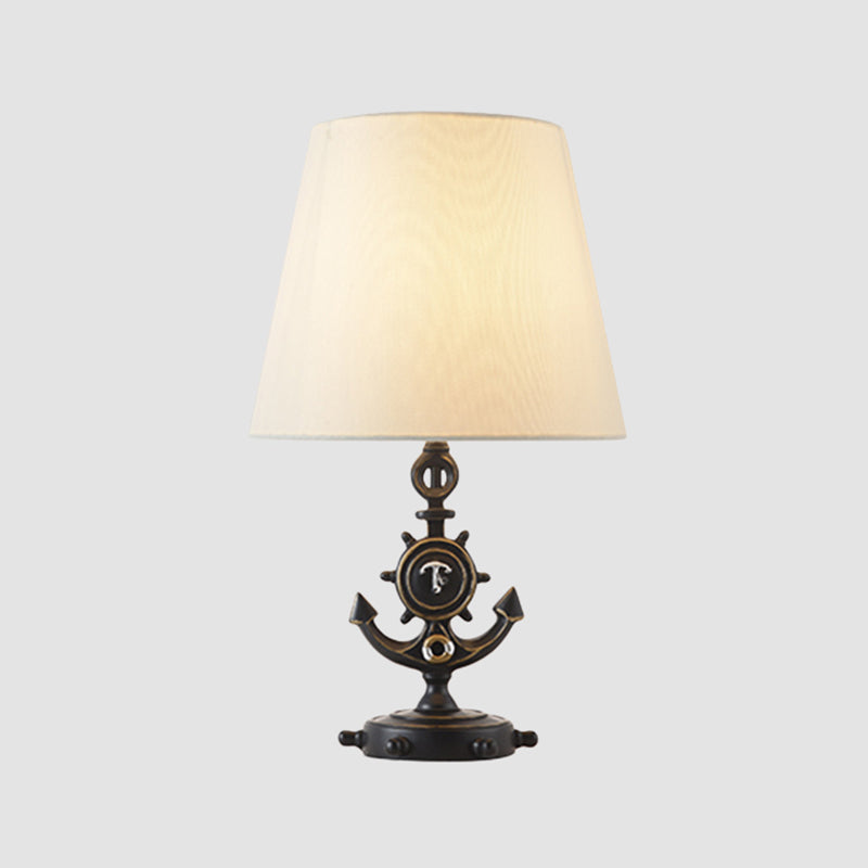 Black/Blue Anchor Base Desk Lamp Kids 1 Head Resin Task Lighting with Tapered White Fabric Shade