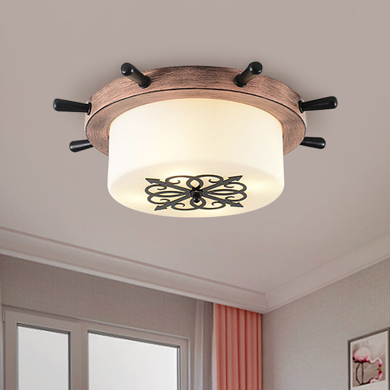 Drum Parlor Flush Mount Light White Glass LED Creative Ceiling Fixture with Rudder Design in Brown/Blue