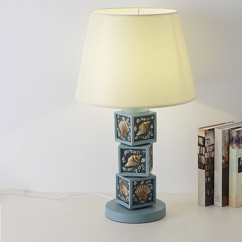 Stacked Cube Desk Lighting Mediterranean Resin 1 Bulb Light/Sky Blue Night Lamp with Barrel Fabric Shade