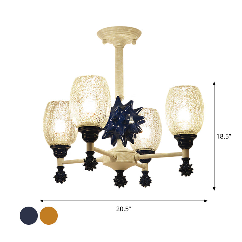 Clear Crackle Glass Cup-Like Pendant Coastal 4-Bulb Gold/Dark Blue Chandelier Lighting with Sea Urchin Design