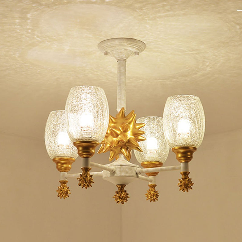 Clear Crackle Glass Cup-Like Pendant Coastal 4-Bulb Gold/Dark Blue Chandelier Lighting with Sea Urchin Design